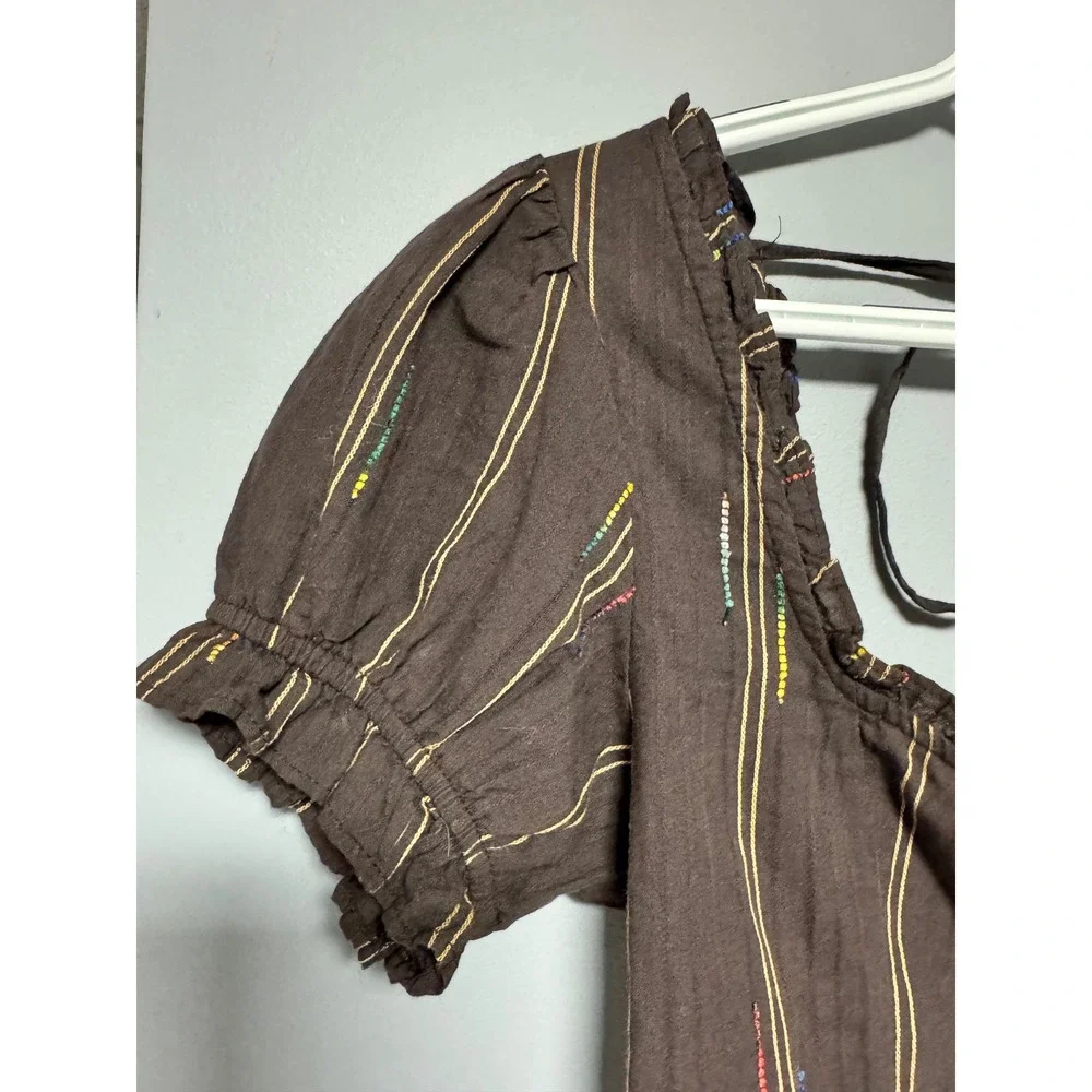 Free People Women's Seratonin XS Brown Striped Smocked Back Puff Sleeve Top‎ NWT